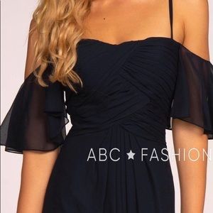 Long cold shoulder dress with pleated bodice